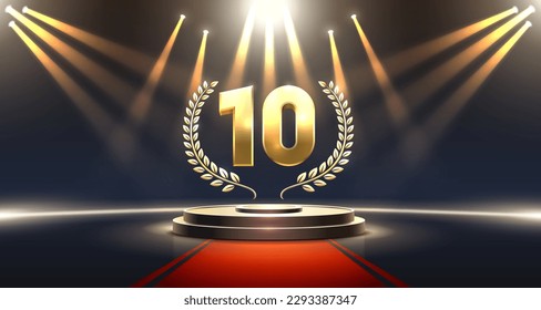 Top 10 best podium award sign, golden object. Vector illustration