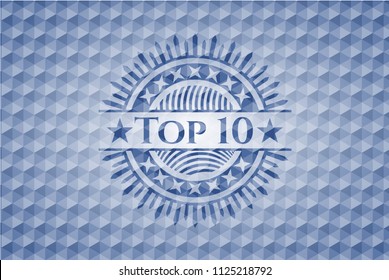 Top 10 blue emblem or badge with abstract geometric pattern background.