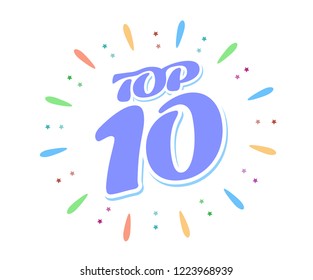 Top 10 – Blue word inside fireworks on white background. A colored volume inscription. Vector illustration in a flat style.