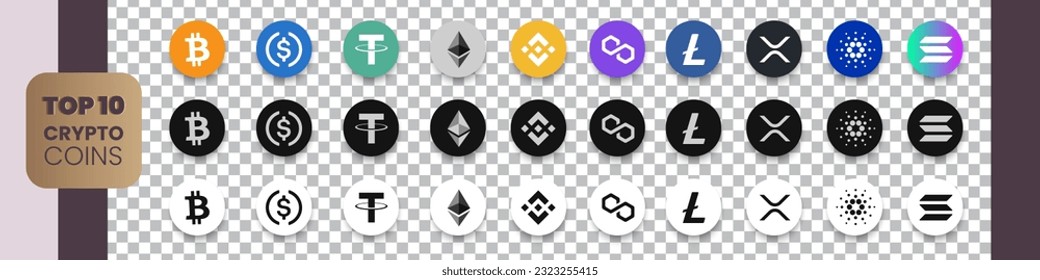 Top 10 Crypto currency coins set. Bitcoin, USD Coin, Tether, Ethereum, Binance, Polygon, Litecoin, XRP, Cardano, and Solana 