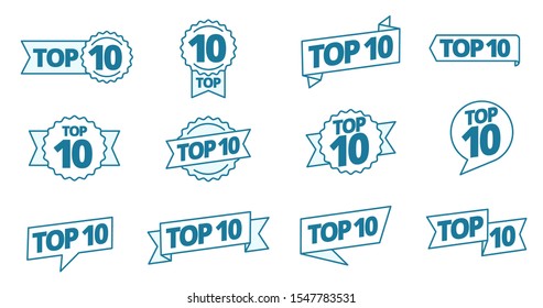 Top 10 heading title icon set. Best ten list. Word on ribbon. Winner tape award text title. Contour blue line.