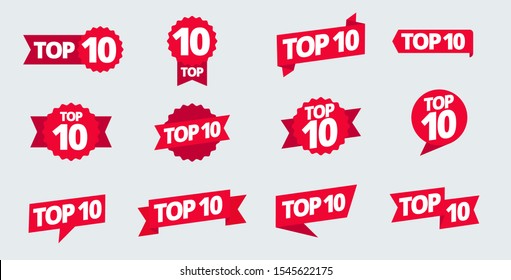 Top 10 heading title set. Best ten list. Word on ribbon. Winner tape award text title.