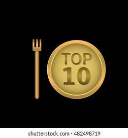Top 10 label. Music chart, Golden plate with fork