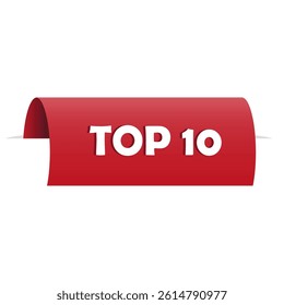 Top 10 message. White number text. Red folded banner. Vector ranking label.