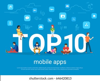 Top 10 mobile apps flat concept illustration of young people using smart phones for reading news and texting message to friends. Mobile apps rating blue banner for website and social networks blog