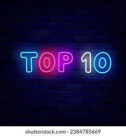 Top 10 neon label. Hit parade logotype. Kids colorful text. Label for radio, talk show and website. Best item charts. Colorful handwritten text. Editable stroke. Vector stock illustration