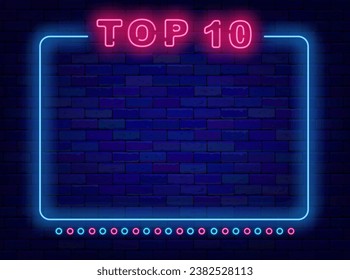 Top 10 neon poster. Blue border. Winning music frame. Competition and show, performance. Hit parade. Glowing banner. Copy space. Bright flyer. Editable stroke. Vector stock illustration