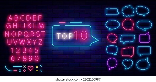 Top 10 neon sign in speech bubble. Hit parade label. Label for radio, talk show and website. Best item charts, Clouds frame collection. Shiny pink alphabet. Editable stroke. Vector stock illustration