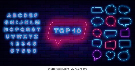 Top 10 de la señal de neón. Se han establecido marcos de burbujas de voz. Discurso y etiqueta de campeón. Insignia para radio, talk show y sitio web. Los mejores gráficos de elementos. Alfabeto azul brillante. Trazo editable. Ilustración de material vectorial