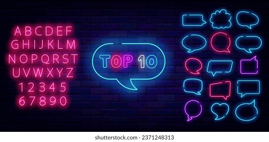 Top 10 neon sign. Speech bubble frames set. Hit parade label. Label for radio, talk show and website. Best item charts. Shiny pink alphabet. Editable stroke. Vector stock illustration