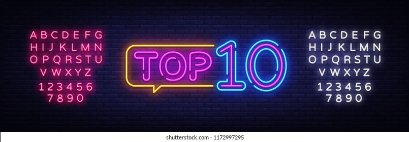 Top 10 Neon Text Vector. Top Ten neon sign, design template, modern trend design, night neon signboard, night bright advertising, light banner, light art. Vector. Editing text neon sign