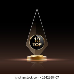 Top 10 rectangular award trophy. Glass prize with gold number 10. Champion glory in competition vector illustration. Hollywood fame in film and cinema or championship in sport.