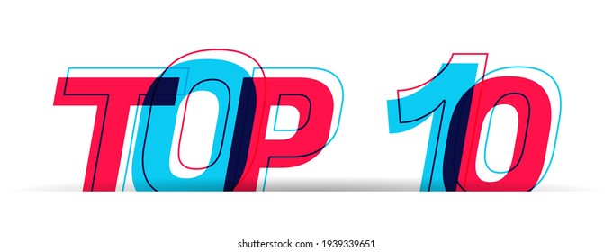 Top 10 sign. Overlapped red-blue letters isolated on a white background. Vector illustration.