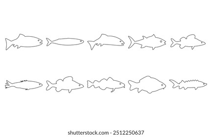 Los 10 peces más sabrosos del mundo. Caballa, atún, arenque, bacalao, perca, carpa, zander, trucha, esturión, salmón. Ilustración de peces de Vector. Eps 10. Contorno negro. Acción, promoción y publicidad