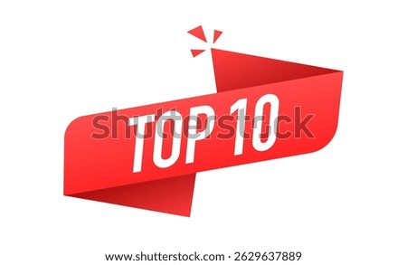 Top 10 word on red ribbon. Business concept. Sale label. Vector illustration