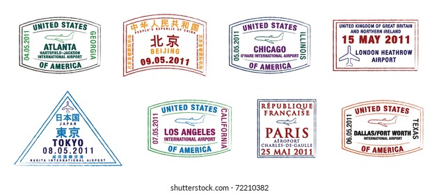 The top 10 world's busiest airports passport stamps in vector format.