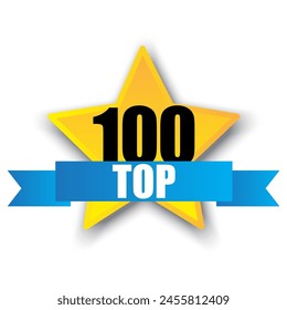 Top 100 award badge. Vector star with ribbon. Achievement rating symbol. Yellow and blue design.