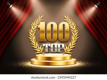Top 100 award poster. Presentation 100 best on podium with red curtain illuminated by spotlights. Vector illustration.