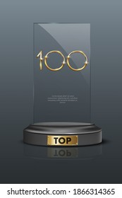 Top 100 award trophy. Glass rectangular prize with gold number one hundred. Champion glory in competition vector illustration. Hollywood fame in film and cinema or championship in sport.