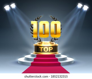 Top 100 best podium award sign, golden object. Vector illustration