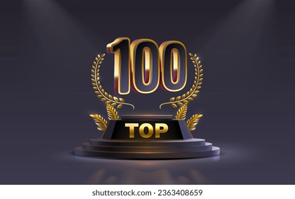 Top 100 best podium award sign, golden object. Vector illustration