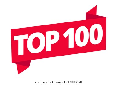 Top 100. Best ten list. Red word on ribbon. Winner tape award text title. Vector color Illustration clipart on a red background.