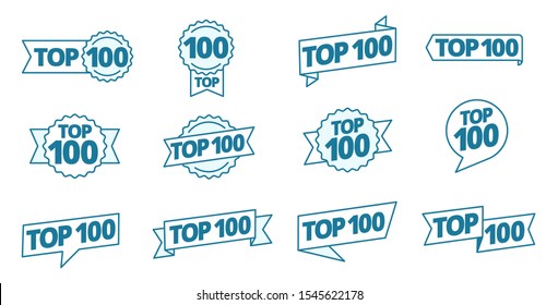 Top 100 heading title icon set. Best hundred list. Word on ribbon. Winner tape award text title template. Contour blue line.