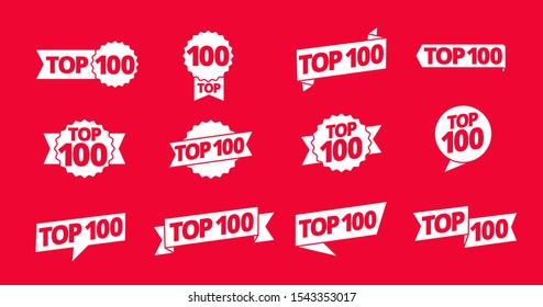 Top 100 heading title set. Best hundred list. Word on ribbon. Winner tape award text title. Vector Illustration on a red background.