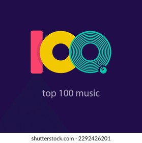 Top 100 music logos. Unique colors. Creative music record shape logo template. vector