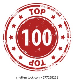Top 100 red rubber stamp icon isolated on white background. Vector illustration