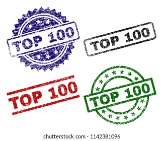 TOP 100 seal stamps with corroded texture. Black, green,red,blue vector rubber prints of TOP 100 tag with corroded texture. Rubber seals with round, rectangle, medal shapes.