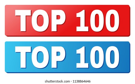 TOP 100 text on rounded rectangle buttons. Designed with white title with shadow and blue and red button colors.