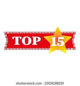 Top 15 banner. Bold top fifteen text. Golden star focus. Red ribbon background.