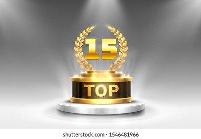 Top 15 best podium award sign, golden object. Vector illustration