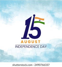 At the top 15 in large blue font
Below AUGUST in bold orange caps
Further down INDEPENDENCE DAY in green capsCentered, an Ashok Chakra a 24-spoke blue wheel symbolizing the wheel of dharma on India