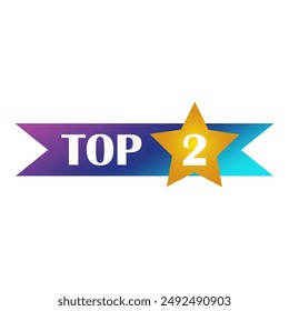 Top 2 award. Gold star symbol. Gradient ribbon vector. Two number detail.