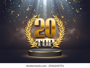 Top 20 award poster. Presentation 20 best on podium with golden laurel wreath and falling confetti. Vector illustration.