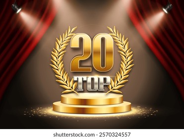 Top 20 award poster. Presentation 20 best on podium with red curtain illuminated by spotlights. Vector illustration.