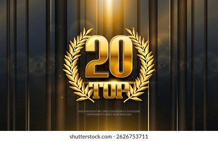 Top 20 award poster. Presentation 20 best with golden laurel wreath and bokeh effect. Vector illustration.