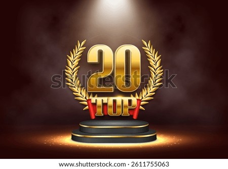 Top 20 award poster. Presentation 20 best on podium with golden laurel wreath. Vector illustration.