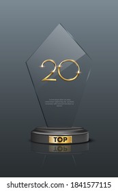 Top 20 award trophy. Glass prize with gold number twenty. Champion glory in competition vector illustration. Hollywood fame in film and cinema or championship in sport.