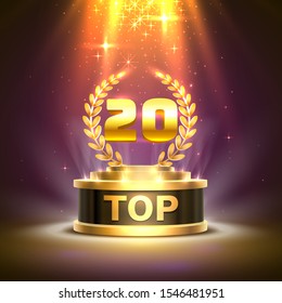 Top 20 best podium award sign, golden object. Vector illustration