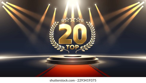 Top 20 best podium award sign, golden object. Vector illustration