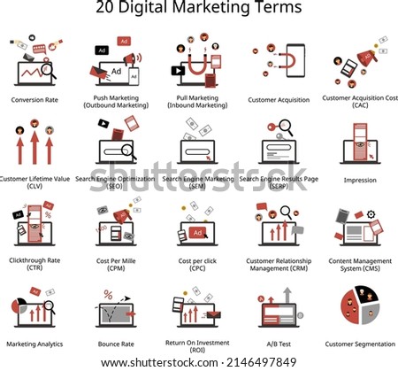 Top 20 Digital Marketing Terms in flat icon for marketer