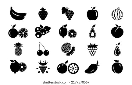 Top 20 fresh fruits vector illustration in black. Set of summer fruits EPS 10. Healthy vegan food. Diet vitamin collection of vegeterian, sweet, nature, glyph, super healthiest and nutritious fruit.