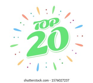 Top 20 – green word inside fireworks on white background. A colored volume inscription. Vector illustration in a flat style.
