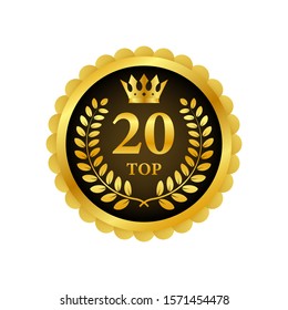 Top 20 Label. Golden Laurel Wreath Icon. Vector Stock Illustration.