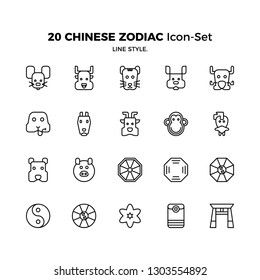 Top 20 Simple Set of Chinese Zodiac Related Vector Icons Line Style. Contains such Icons as Yin and Yang, Chinese New Years, Red Envelope, and more. Editable Stroke. Pixel Perfect.