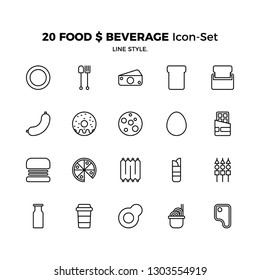 Top 20 Simple Set of Food and Beverage Related Vector Icons Line Style. Contains such Icons as Spoon, Burger, Steak, and more. Editable Stroke. Pixel Perfect.