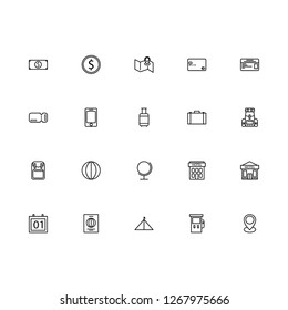 Top 20 Simple Set of Tour and Travel Related Vector Line Icons. Contains such Icons as Card, Backpack, Money, and more. Editable Stroke. Pixel Perfect.